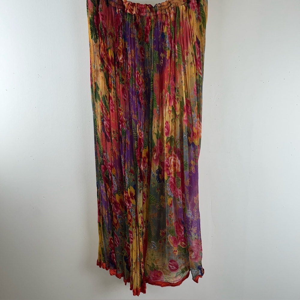 Vintage 90s Semi-Sheer Floral Sunray Pleated Drawstring Maxi Skirt